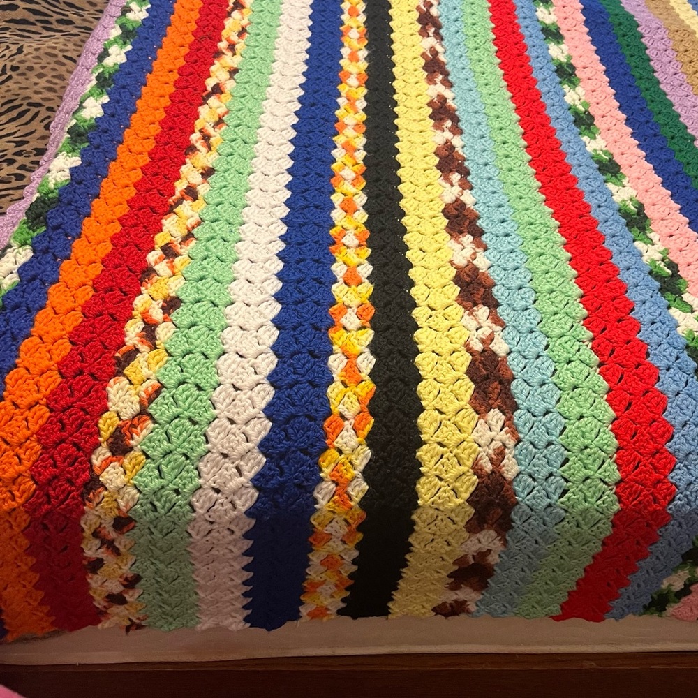 True Vintage 1970's Handmade Granny Colorful Crochet Afghan Blanket 100” x 58”